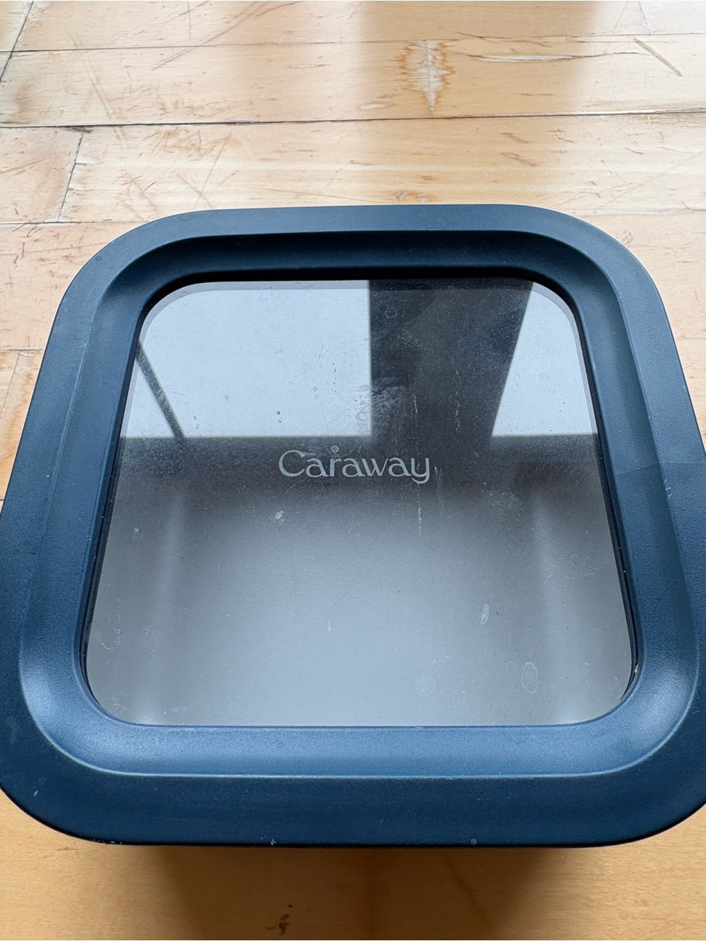 Caraway 4.4 Cup Glass Food Container Square Shape with Lid in Navy